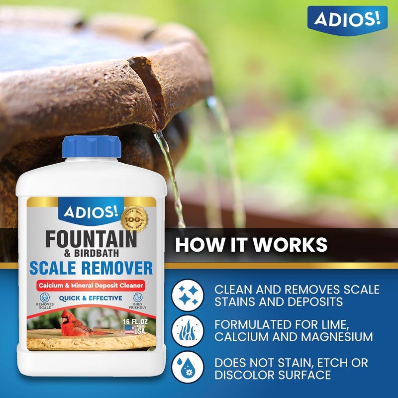 ADIOS! ! Fountain Scale Remover for Calcium, Lime and Hard Water Deposits on Bird Fountains, Baths and Water Features (16 oz) - Image 1